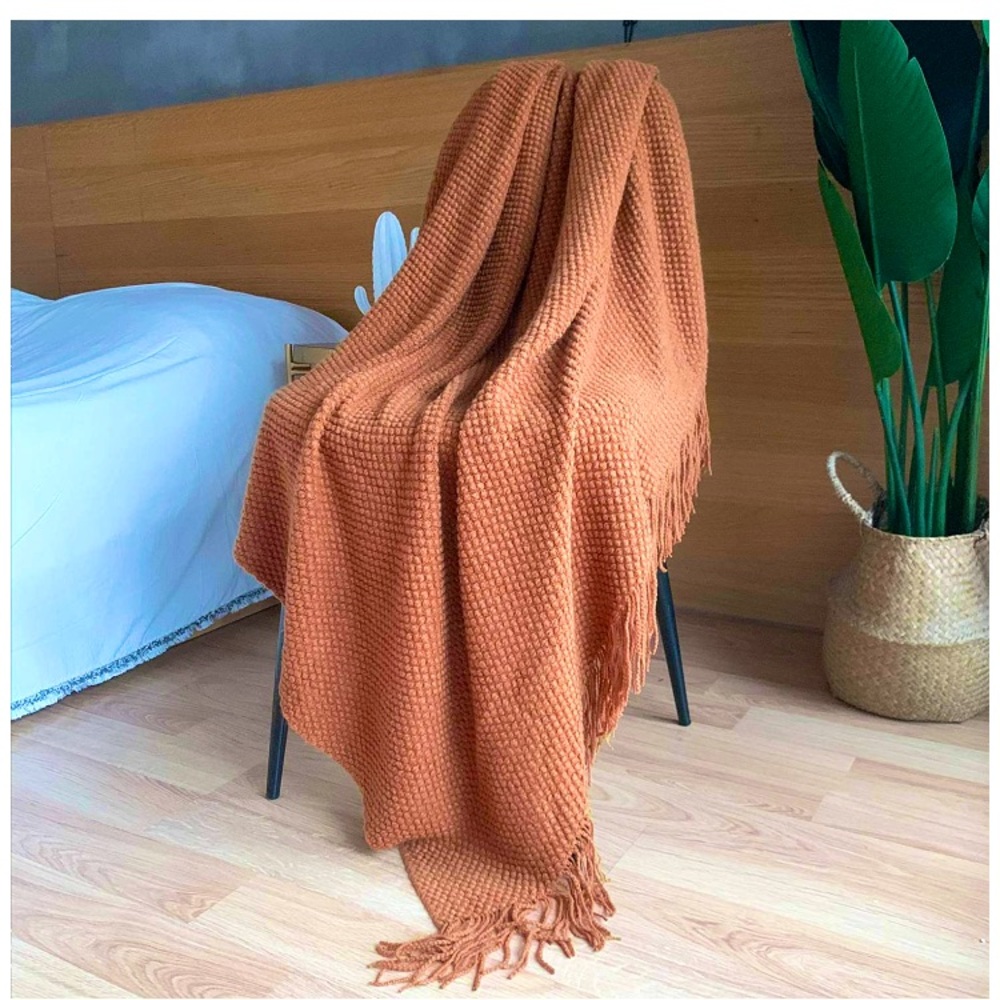 Rustic Orange Warm Cozy Knit Chic Tassel Living Room/Bed Blanket/Shawl/Cover - Picture 1 of 16